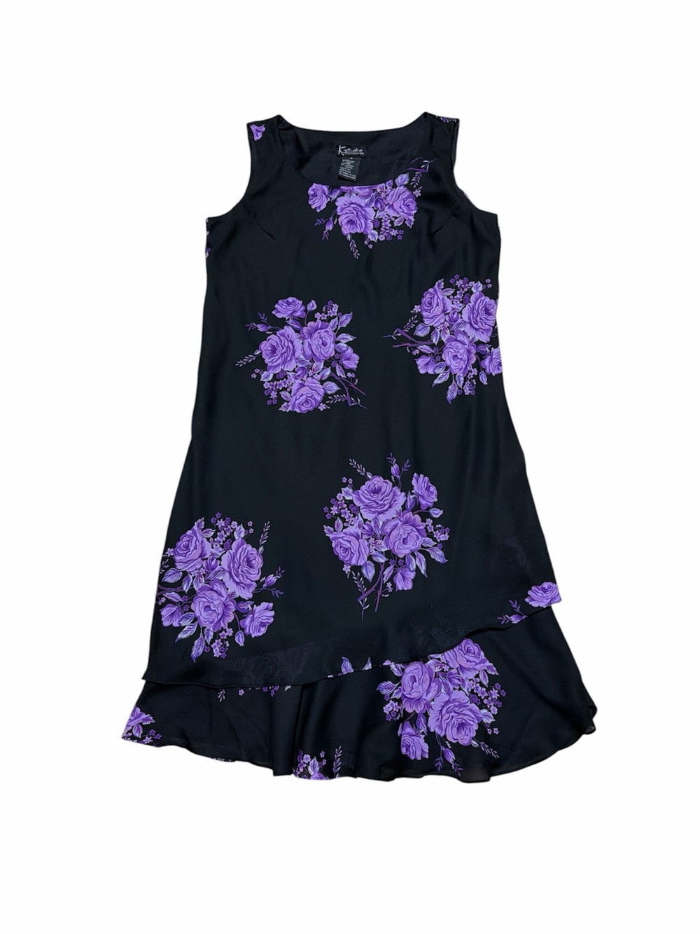 Vintage K Studio Sleeveless Dress Women’s 18 Black Maxi Purple Roses Floral 90’s